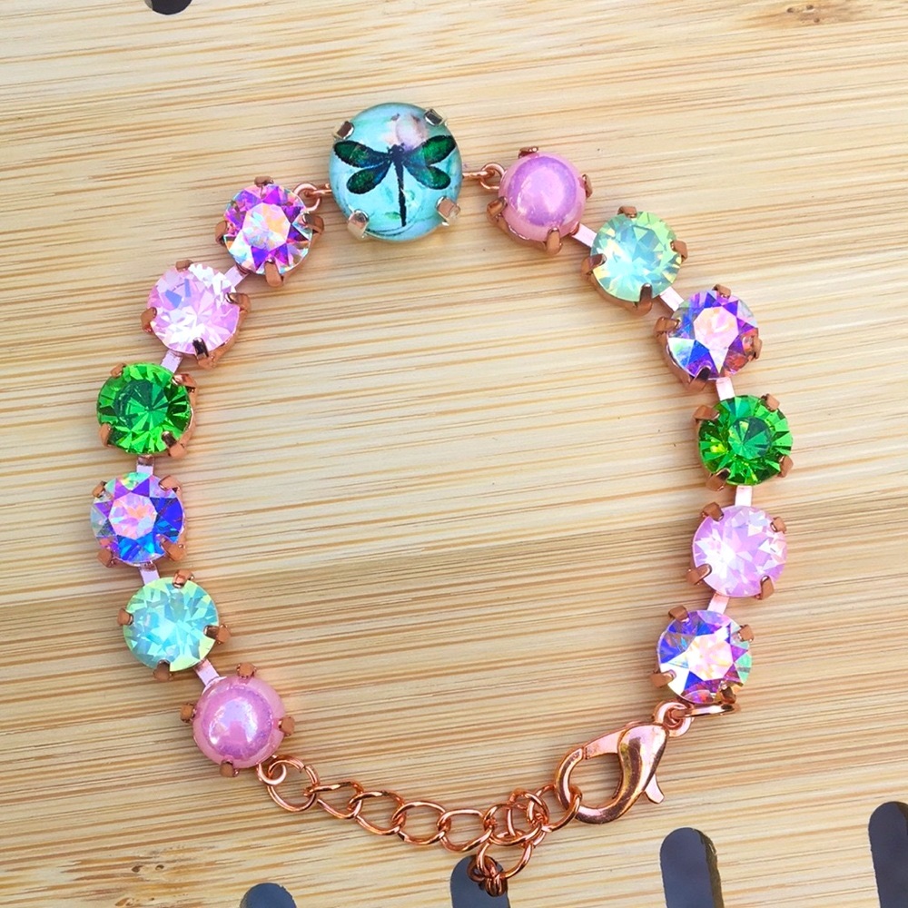 Pink Opal Aurora Borealis + Peridot Dragonfly Charm Crystal Tennis Bracelet
